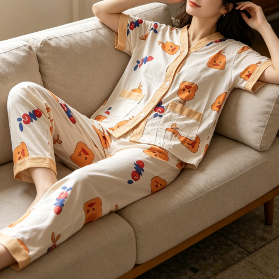 Modern Chic All-Season Minimalist Summer 2 Pcs Women 's Short  Sleeve Night Set | Color: Apricot | Image 2