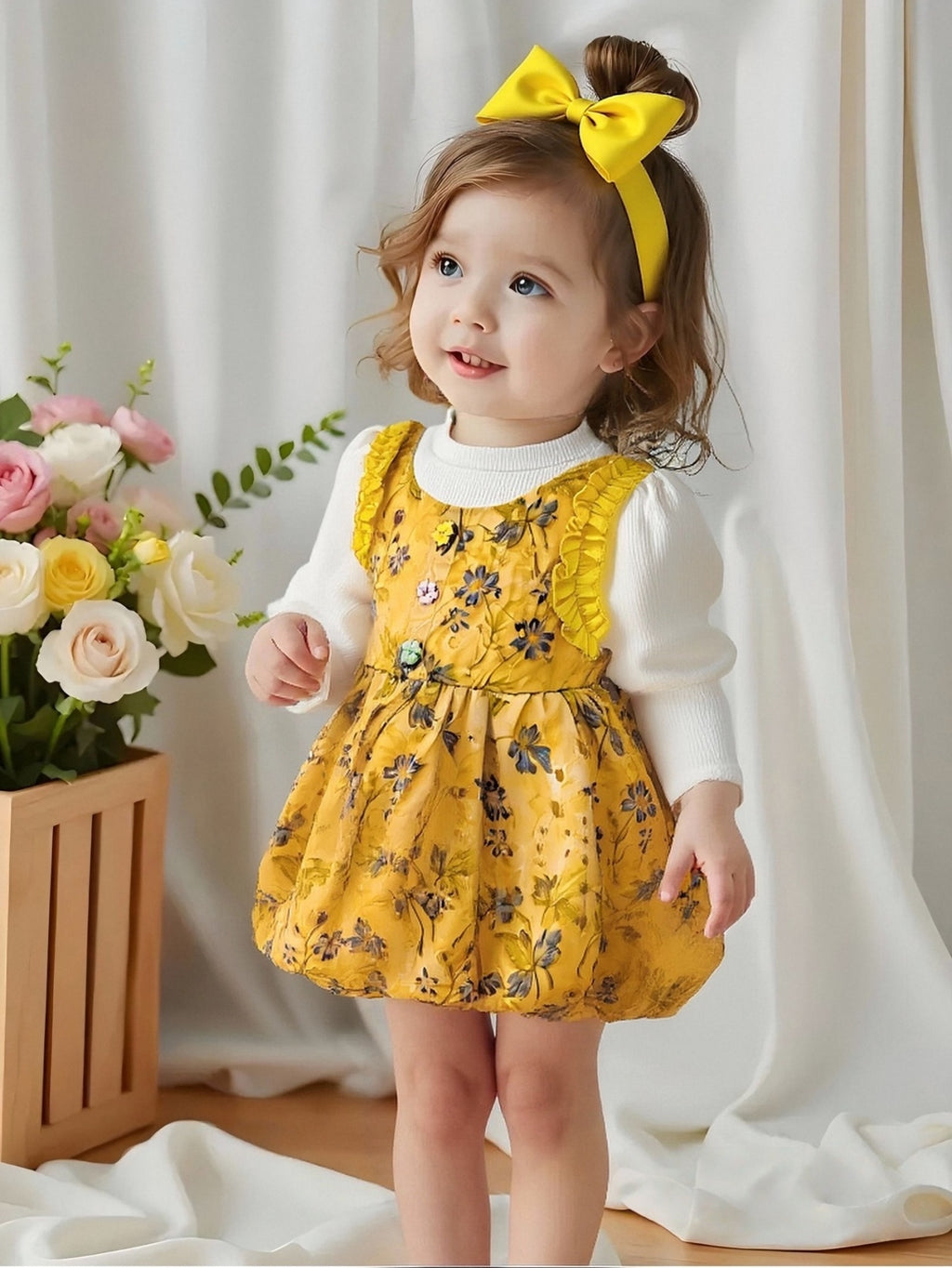 Sweet & Cute Autumn Girls' Dress, Ages 9 Months-3 Years | Color: Yellow | Image 1