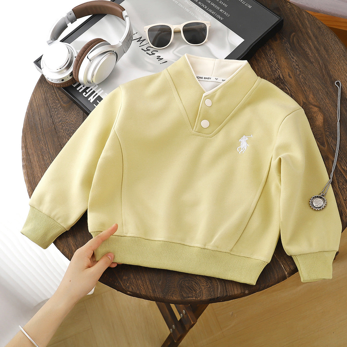 Modern Chic All-Season Casual Sporty Autumn Unisex Kids' Sweatshirt, Ages 2-13 | Color: Yellow | Image 1
