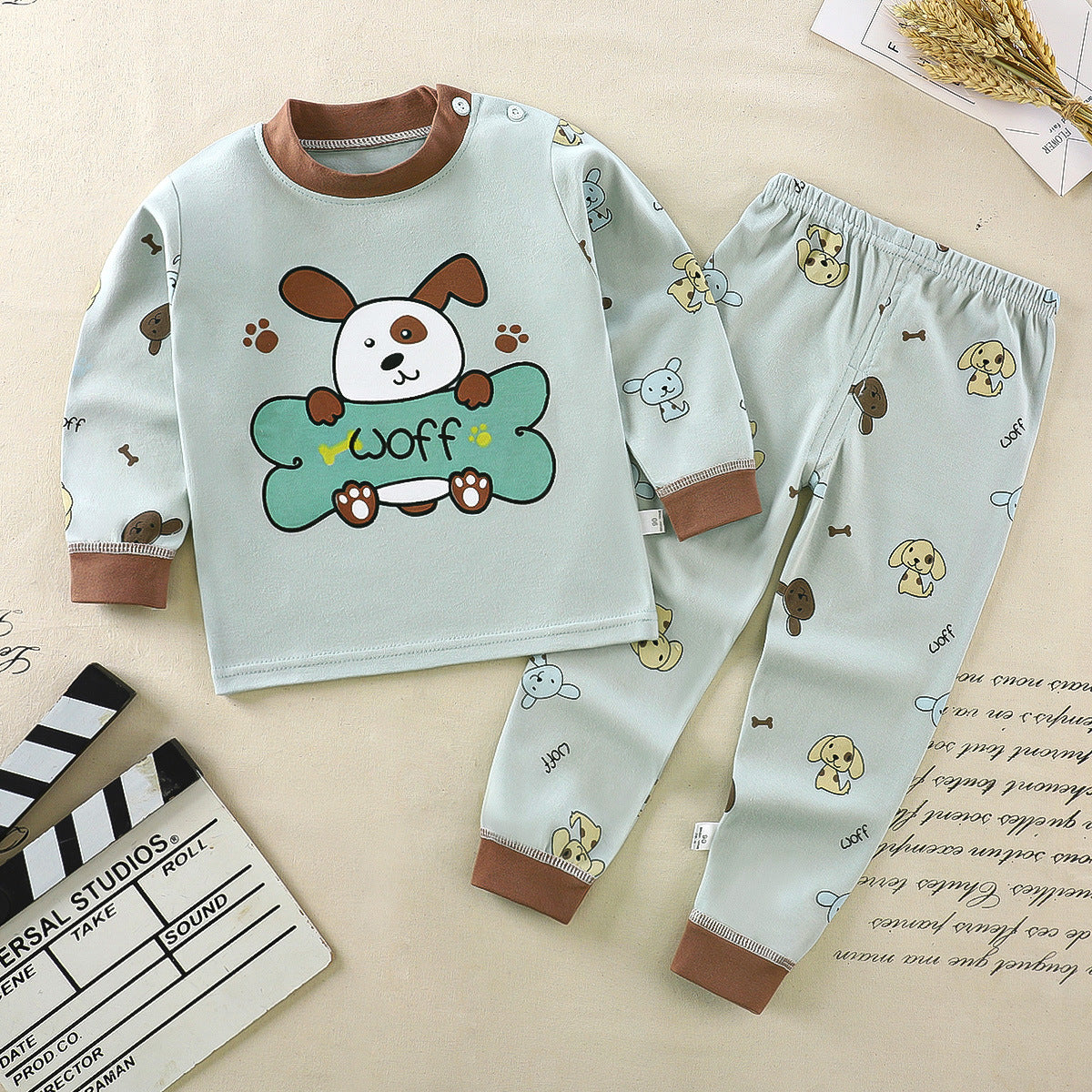 Minimalist Autumn 2-Piece Unisex Baby Pajama Set, Ages 6-24 Months | Color: Light Green | Image 1