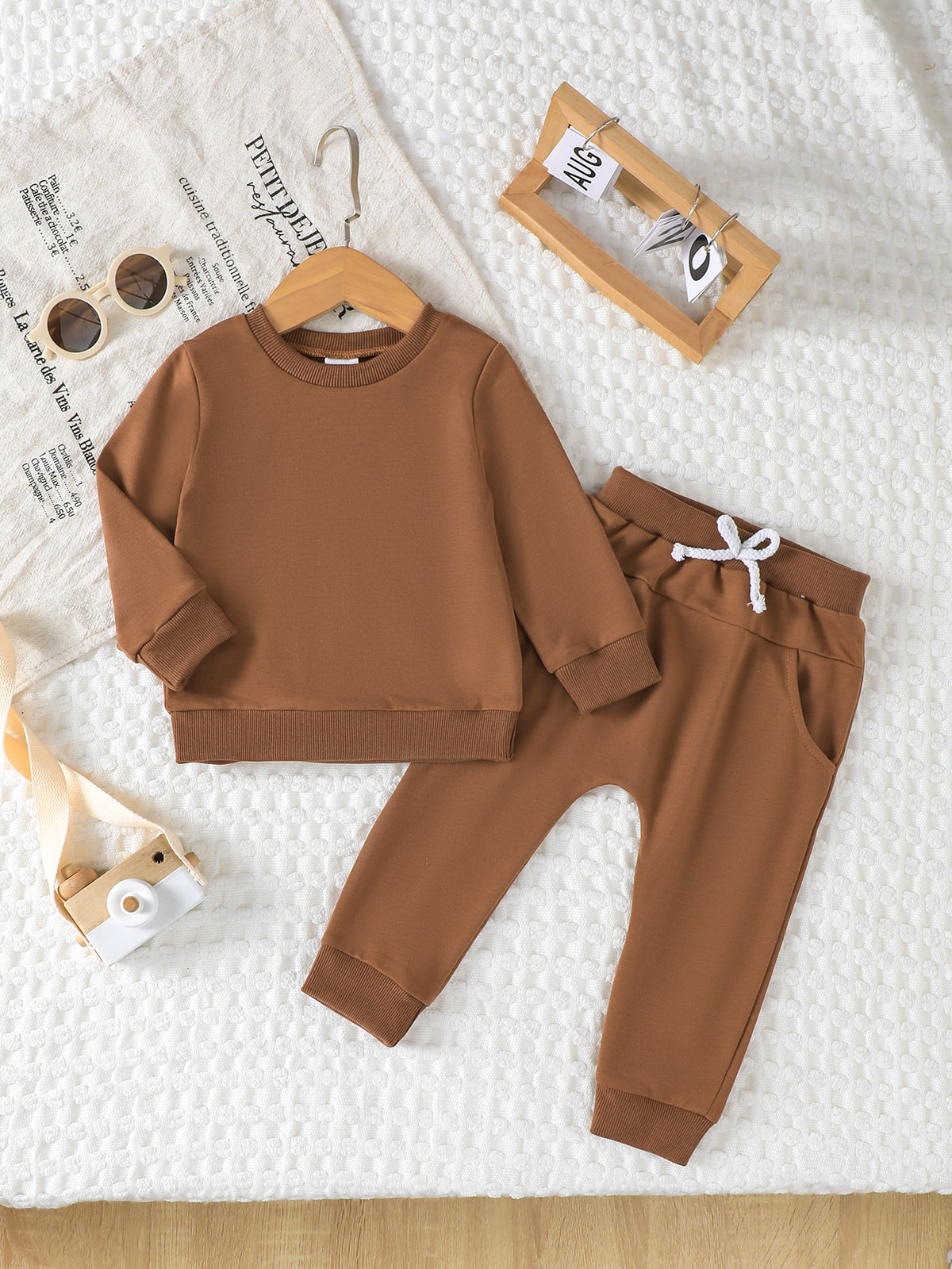 Minimalist Autumn 2-Piece Unisex Baby Pants Suit, Ages 0-24 Months | Color: Brown | Image 1