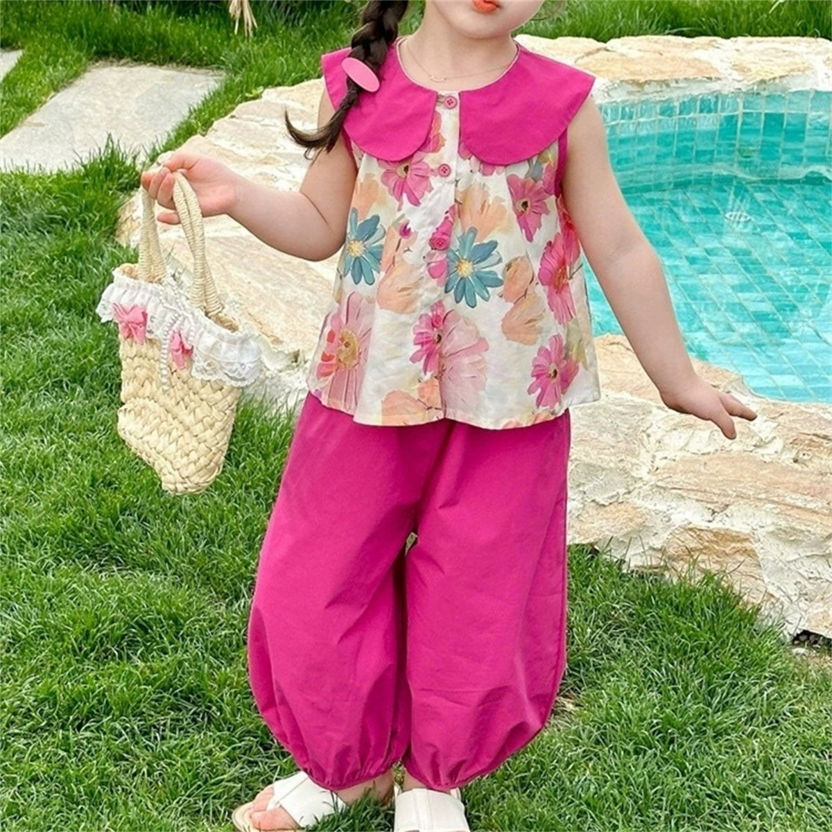 Sweet & Cute Summer 2-Piece Girls' Pants Suit, Ages 2-9 | Color: Rose | Image 2