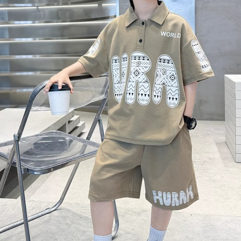 Casual Sporty Summer 2-Piece Boys' Pants Suit, Ages 3-14 | Color: Khaki | Image 2
