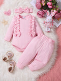 Sweet & Cute Autumn 3-Piece Baby Girls' Pants Suit, Ages 0-6 Months | Color: Pink | Image 1