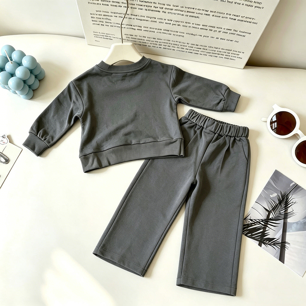 Minimalist Autumn 2-Piece Girls' Pants Suit, Ages 2-9 | Color: Dark Grey | Image 3