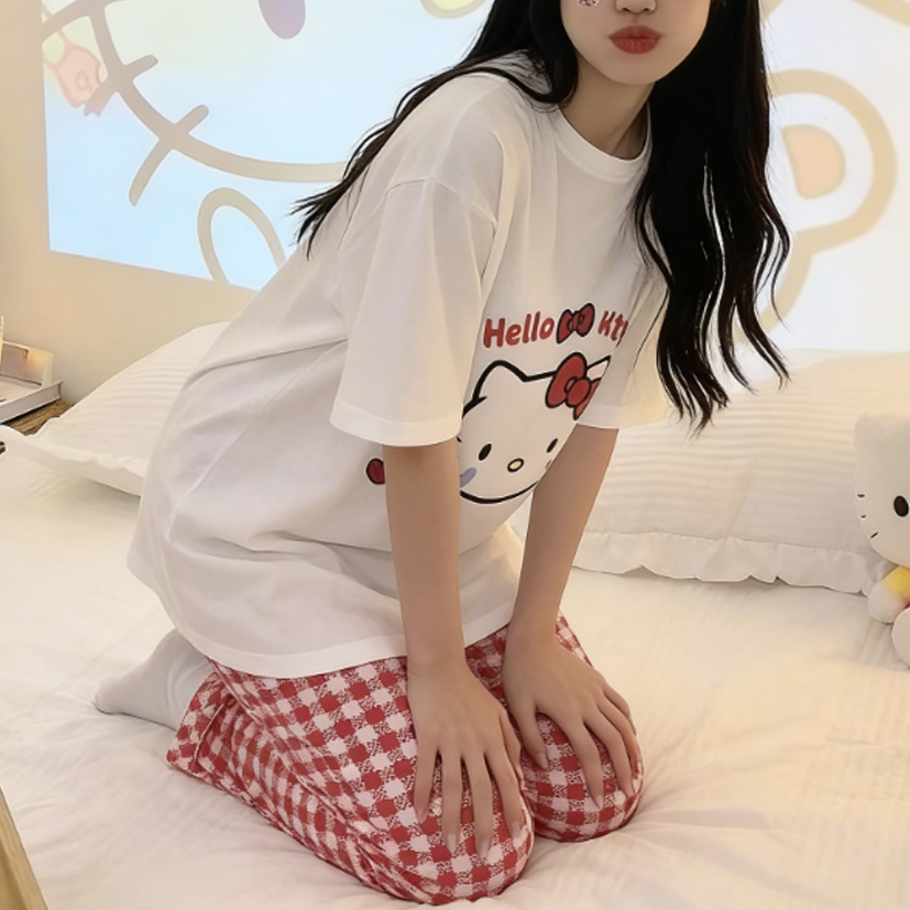 Modern Chic All-Season Sweet Feminine Summer 2 Pcs Women 's Short  Sleeve Sleep Set | Color: Style 1 | Image 2