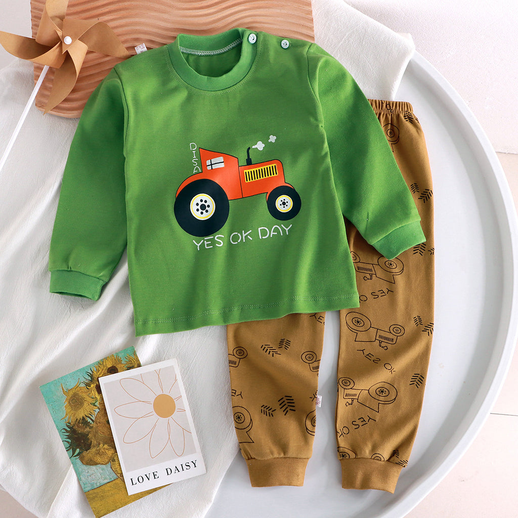 Minimalist Autumn 2-Piece Boys' Pajama Set, Ages 2-9 | Color: Green&Coffee | Image 1