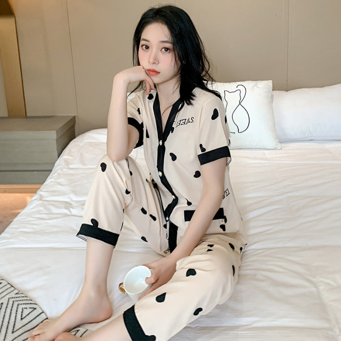 Modern Chic All-Season Minimalist Summer 2 Pcs Women 's Short  Sleeve Night Set | Color: White | Image 1