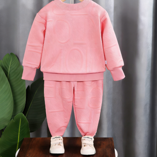 Minimalist Autumn Jacquard Weave 2-Piece Unisex Kids' Pants Suit, Ages 1-6 | Color: Pink | Image 3