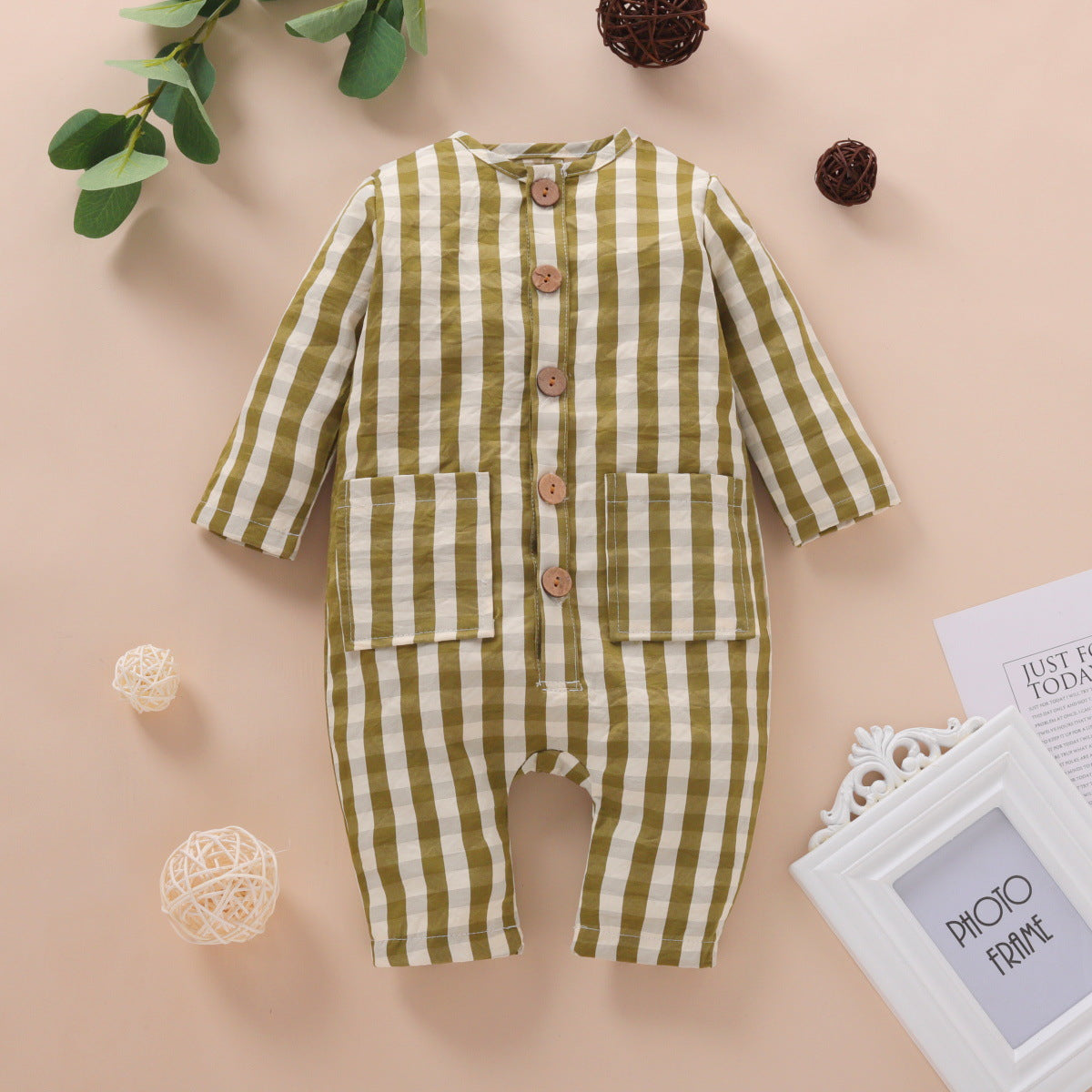 Minimalist Autumn Unisex Baby Jumpsuit, Ages 0-12 Months | Color: Green | Image 1