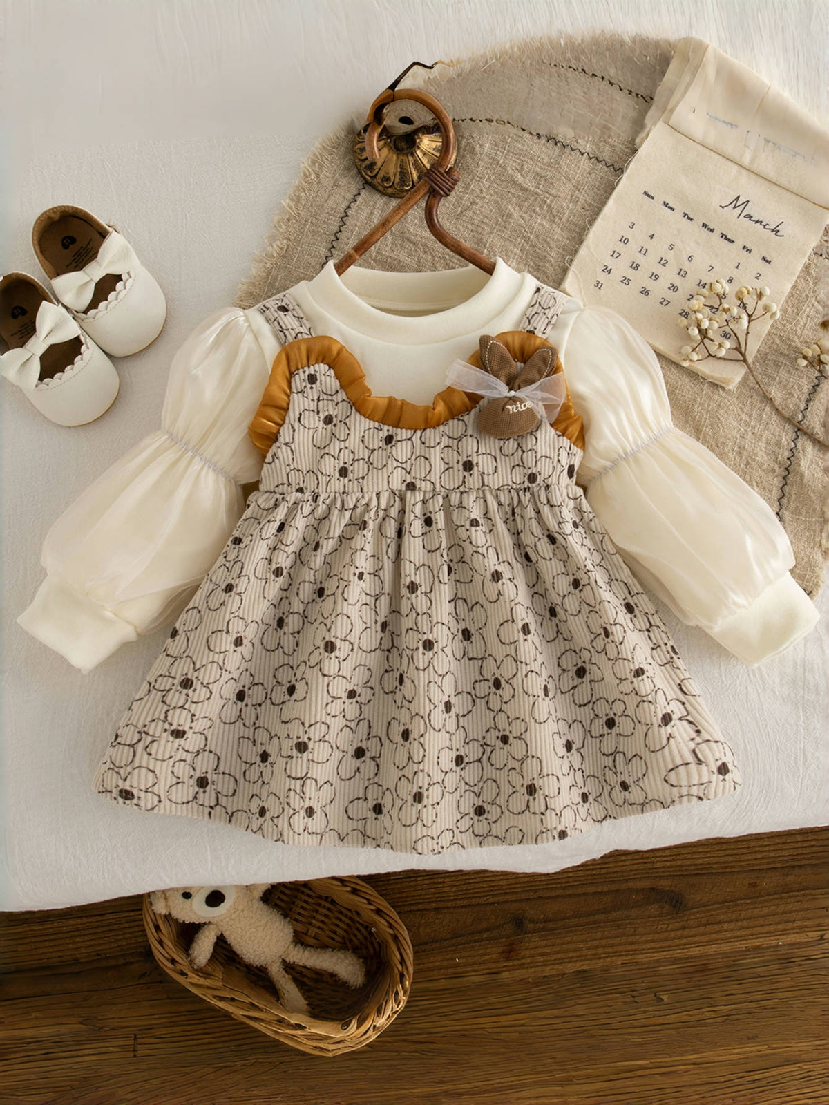 Sweet & Cute Autumn Baby Girls' Dress, Ages 3-24 Months | Color: Beige | Image 1