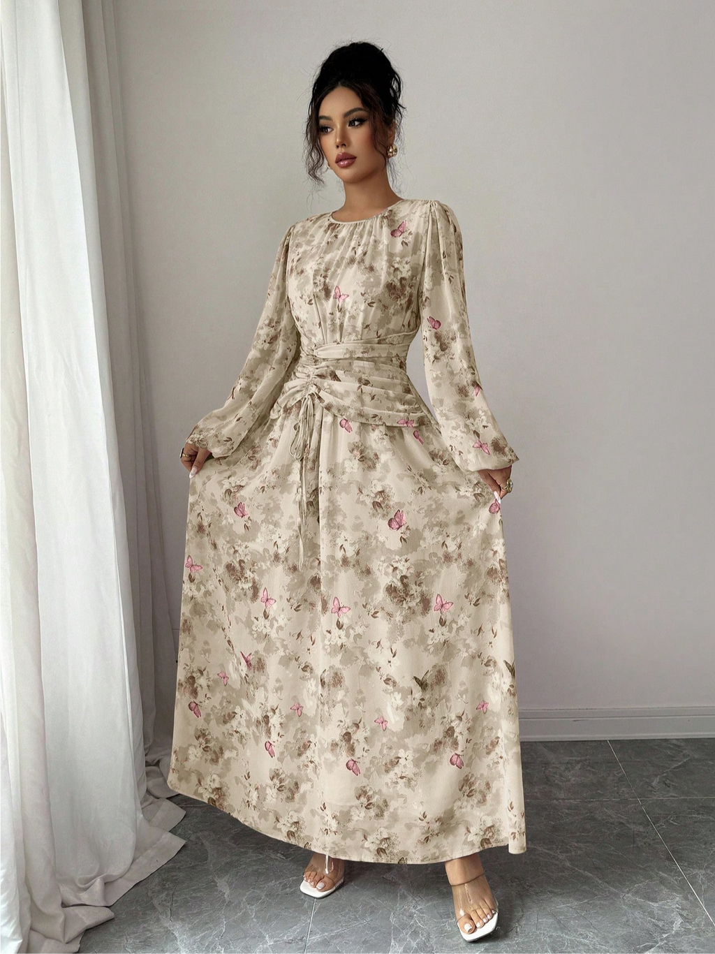 Elegant Spring A-Line Dress | Color: Khaki | Image 1