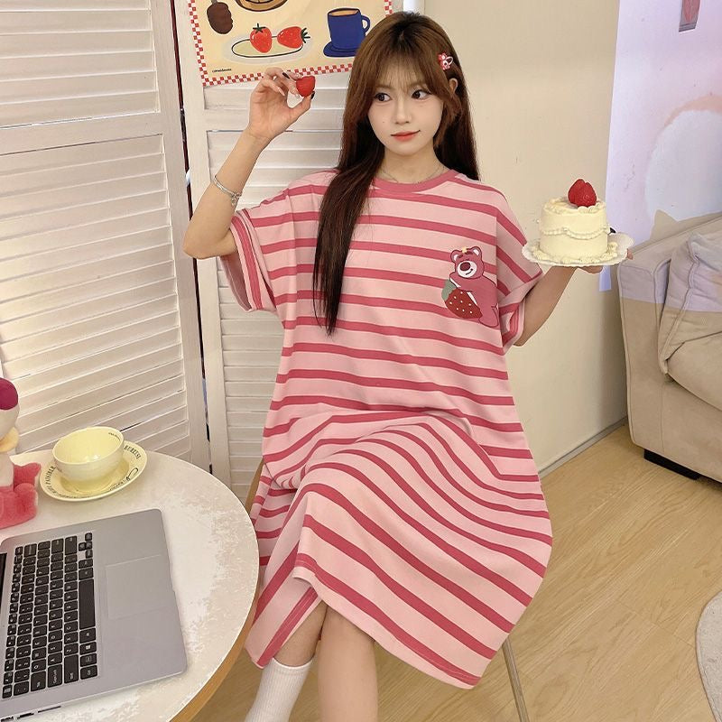 Minimalist Summer Women 's Short  Sleeve Sleep Dress | Color: Style 3 | Image 1