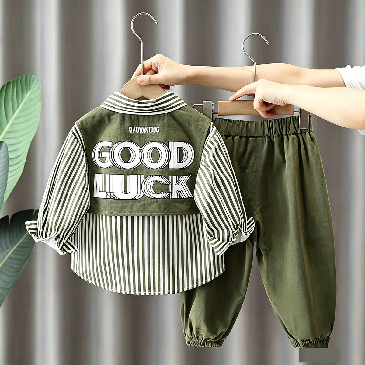 Trendy Autumn 2-Piece Boys' Pants Suit, Ages 2-9 | Color: Green | Image 3