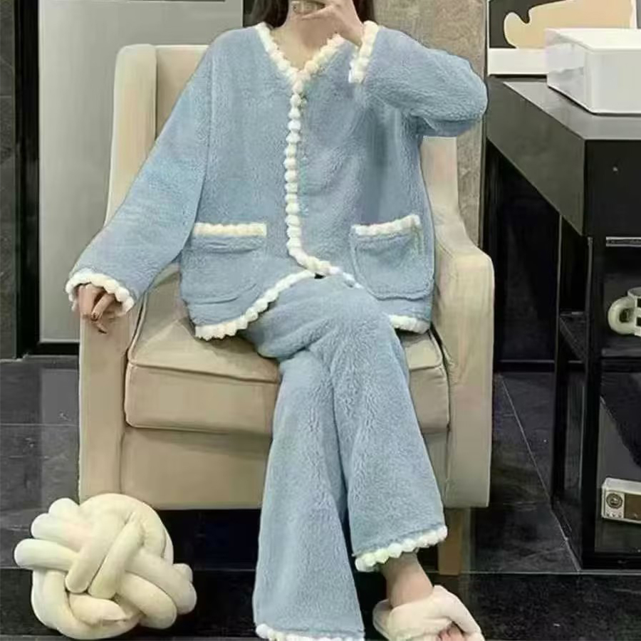 Minimalist Winter Women 's Long Sleeve Sleep Set | Color: Light Blue | Image 1