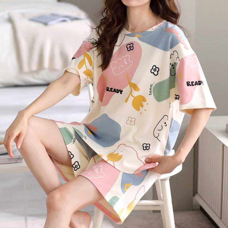 All-Season Sweet & Cute Summer 2 Pcs Women 's Short  Sleeve Sleep Set | Color: Beige | Image 1