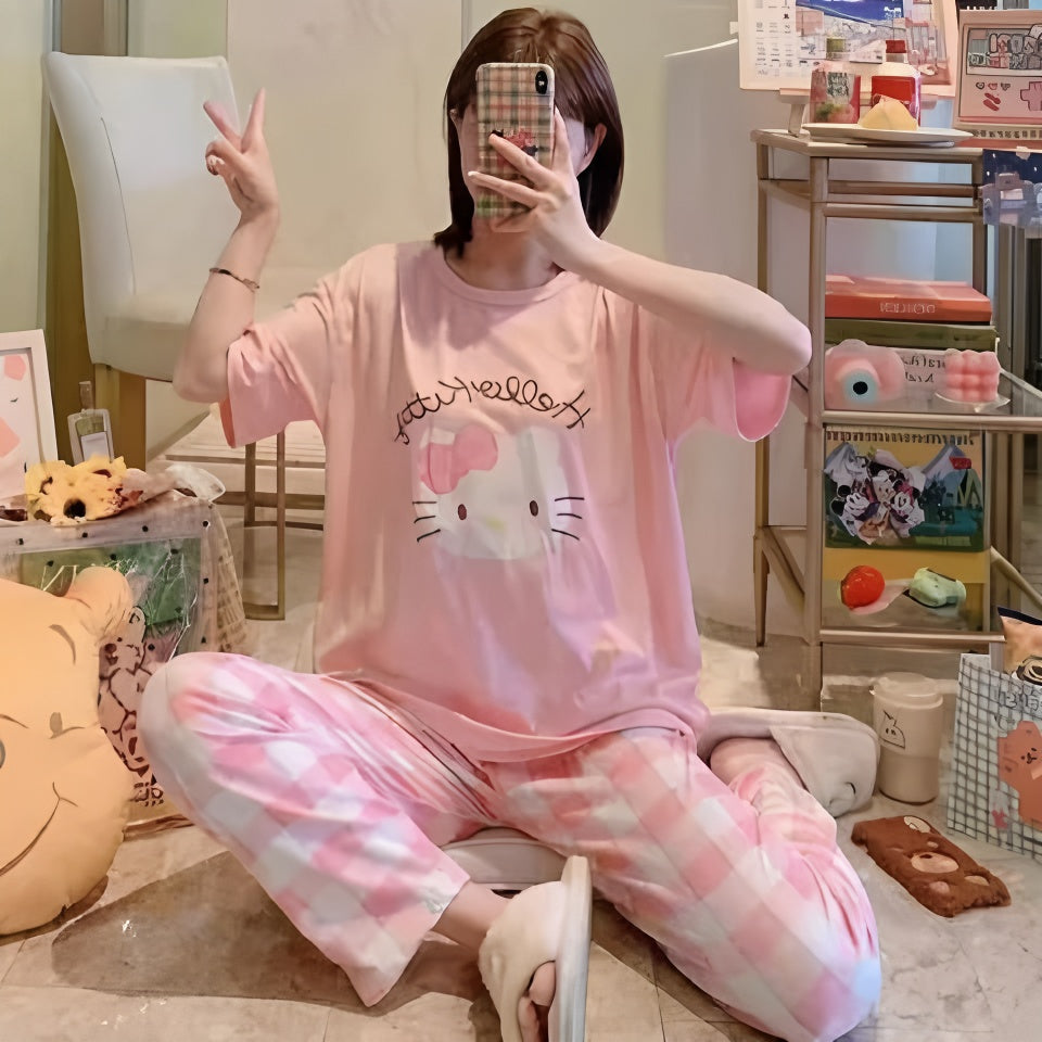 Modern Chic All-Season Sweet Feminine Summer 2 Pcs Women 's Short  Sleeve Sleep Set | Color: Style 4 | Image 1