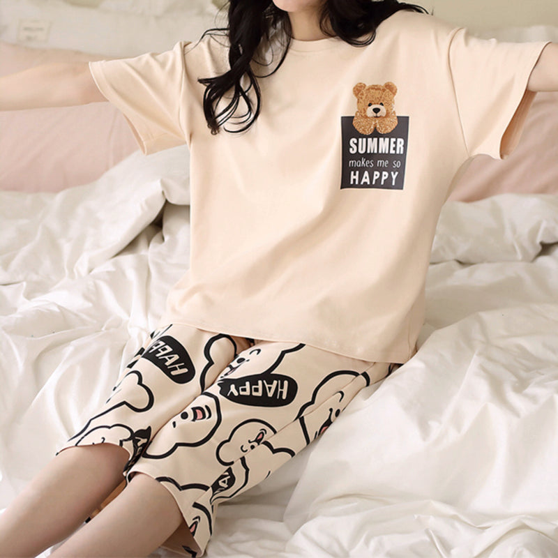 Minimalist Summer 2 Pcs Women 's Short  Sleeve Sleep Set | Color: Beige | Image 3