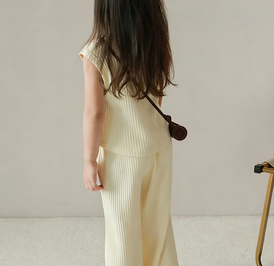 Modern Chic All-Season Minimalist Summer 2-Piece Girls' Pants Suit, Ages 2-9 | Color: Beige | Image 3