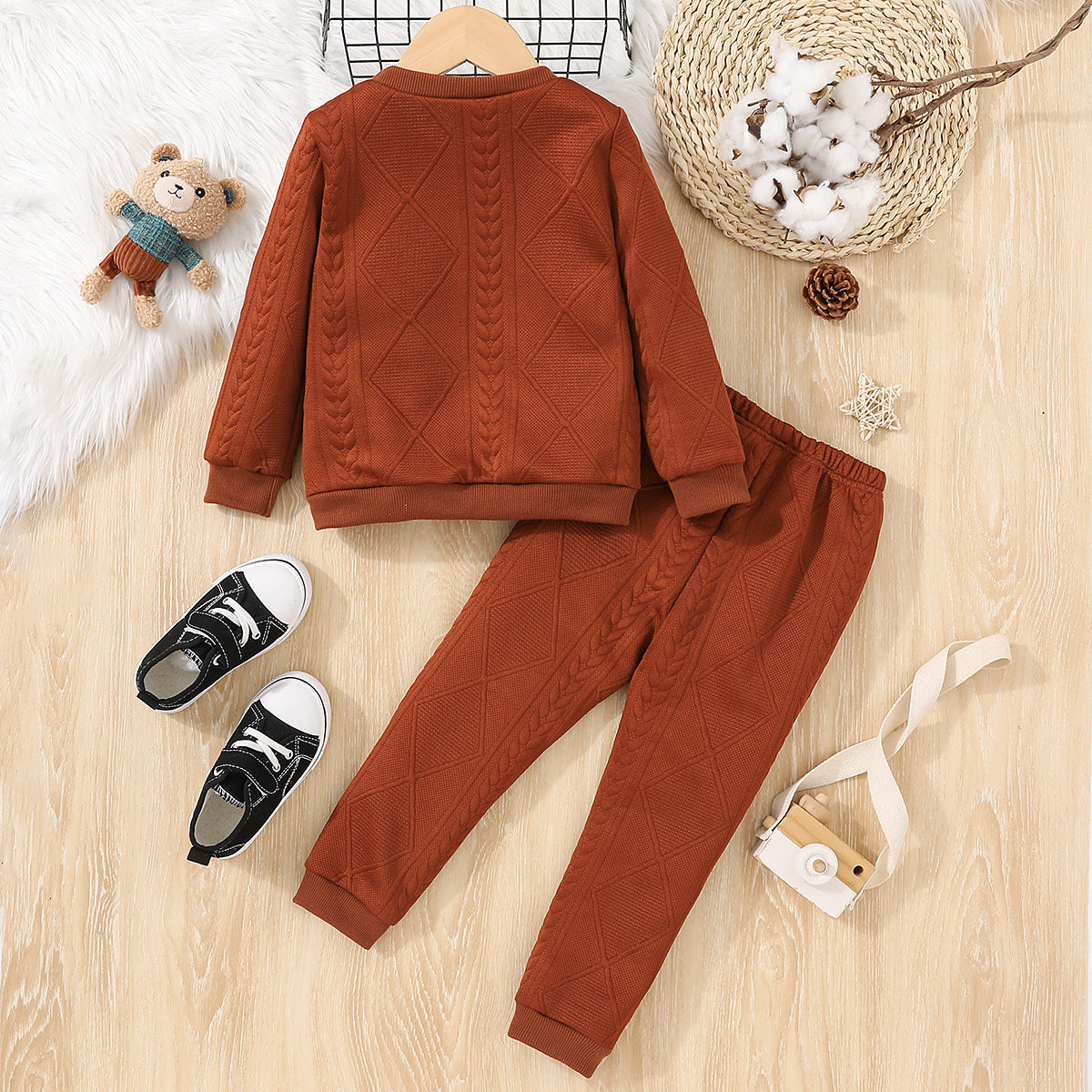 Minimalist Winter 2-Piece Unisex Kids' Pants Suit, Ages 3-9 | Color: Brown | Image 3