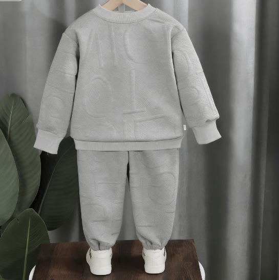 Minimalist Autumn Jacquard Weave 2-Piece Unisex Kids' Pants Suit, Ages 1-6