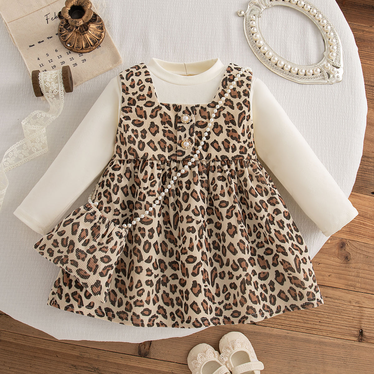 Trendy Autumn 2-Piece Baby Girls' Dress, Ages 9-24 Months | Color: Beige | Image 1