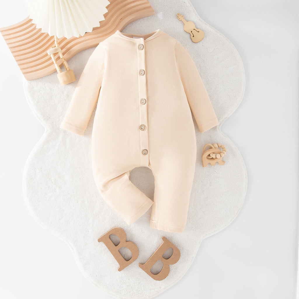 Minimalist Autumn Unisex Baby Jumpsuit, Ages 1-9 Months | Color: Beige | Image 1
