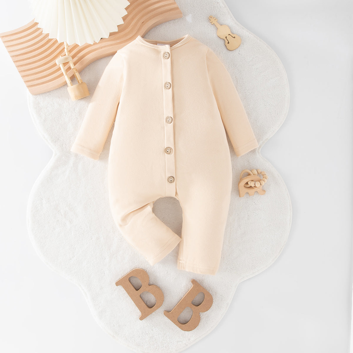 Minimalist Autumn Unisex Baby Jumpsuit, Ages 1-9 Months | Color: Beige | Image 1