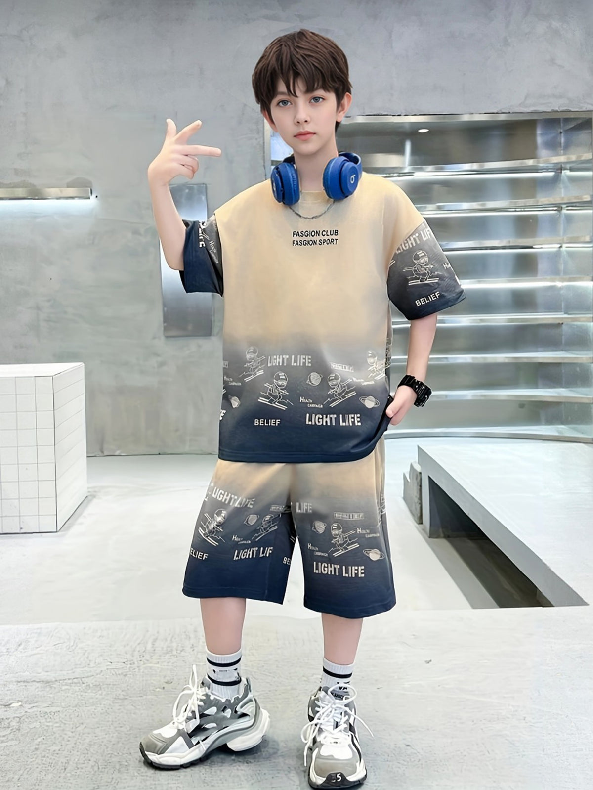 Casual Sporty Summer 2-Piece Boys' Pants Suit, Ages 6-14 | Color: Khaki | Image 1