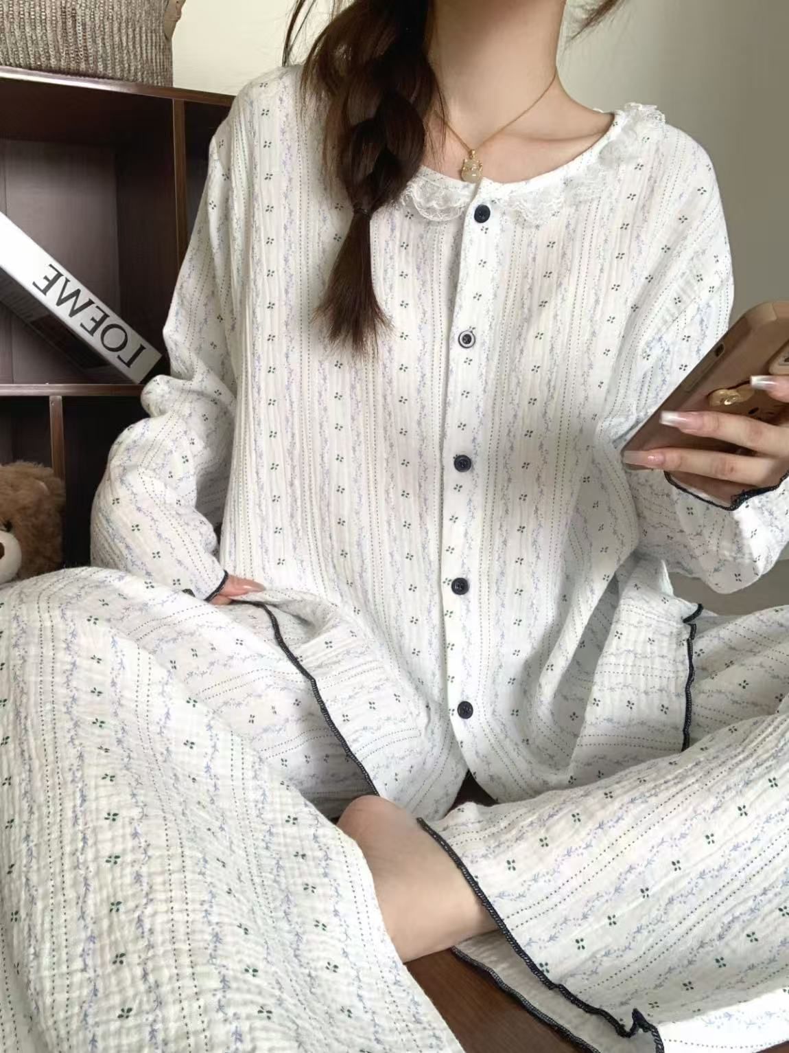 Elegant All-Season 2 Pcs Women 's Long Sleeve Sleep Set | Color: Style 1 | Image 1