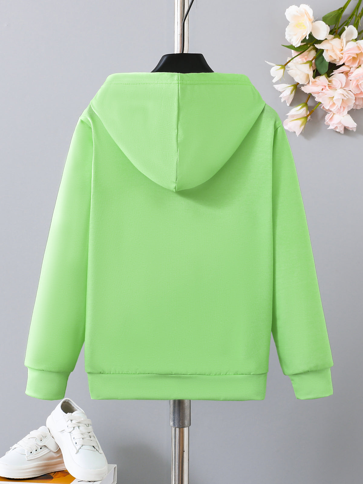Casual Sporty Autumn Unisex Kids' Hoodie, Ages 4-14 | Color: Light Green | Image 3