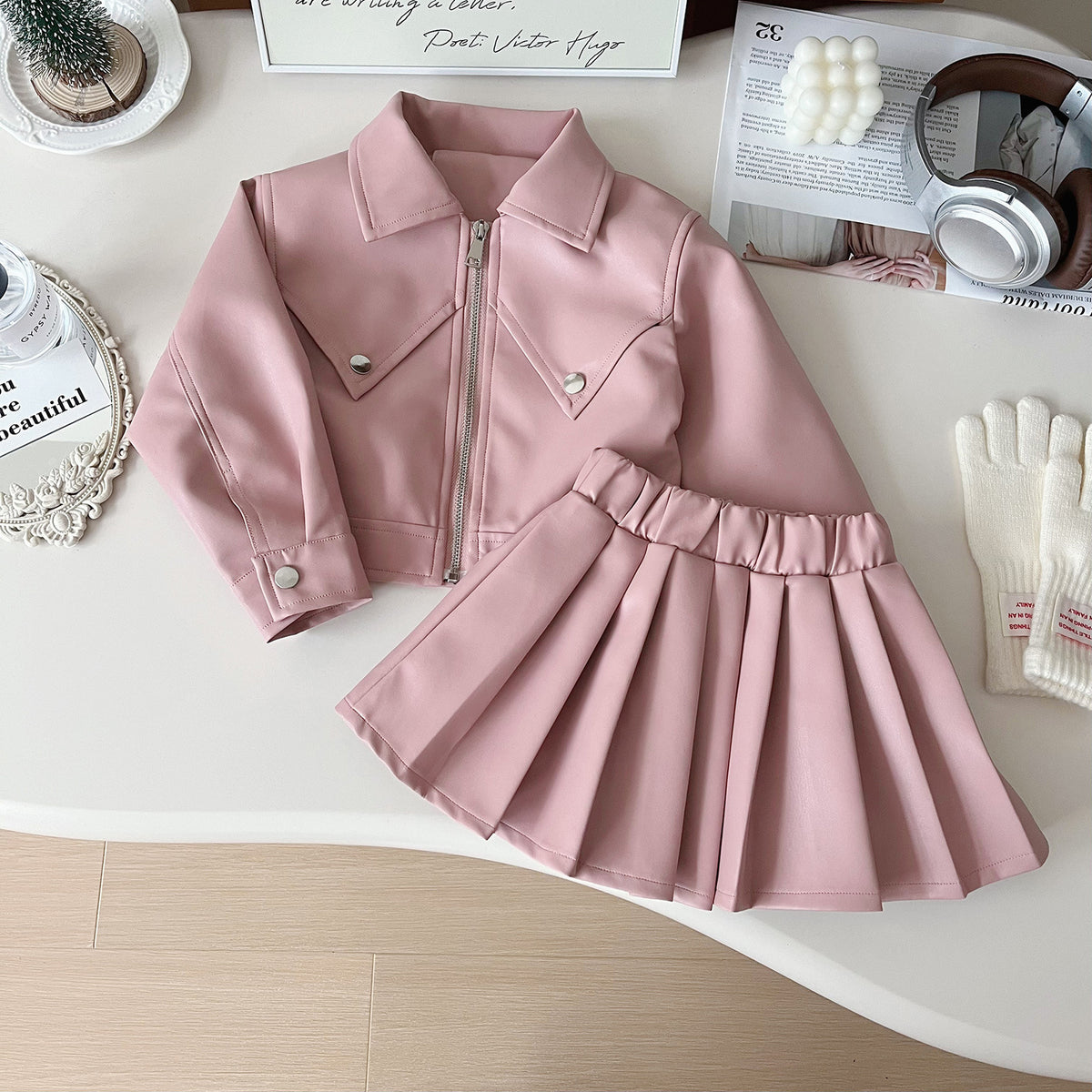 Trendy Autumn 2-Piece Girls' Dress Suit, Ages 2-9 | Color: Pink | Image 1
