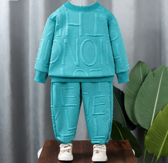 Minimalist Autumn Jacquard Weave 2-Piece Unisex Kids' Pants Suit, Ages 1-6 | Color: Green | Image 2