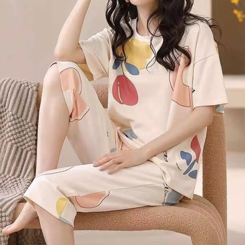 Modern Chic All-Season Minimalist Summer 2 Pcs Women 's Short  Sleeve Sleep Set | Color: Beige | Image 1