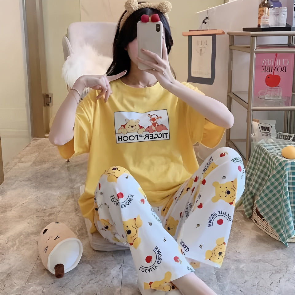 Modern Chic All-Season Sweet Feminine Summer 2 Pcs Women 's Short  Sleeve Sleep Set | Color: Style 1 | Image 1