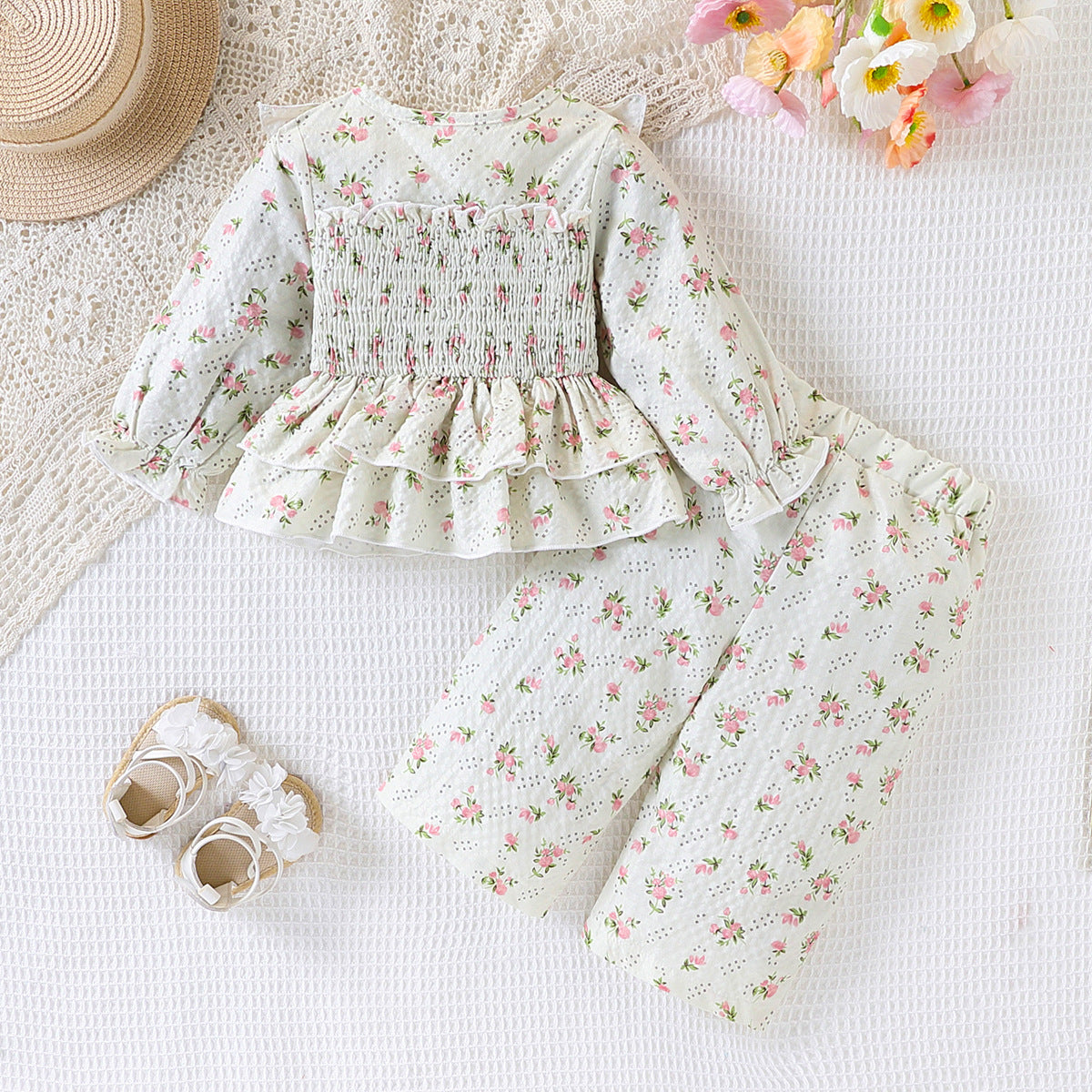 Sweet & Cute Autumn Baby Girls' Pants Suit, Ages 0-24 Months | Color: Light Beige | Image 3