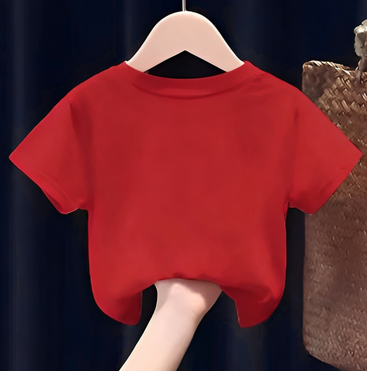 Modern Chic All-Season Minimalist Summer Unisex Kids' T-Shirt, Ages 2-7 | Color: Red | Image 3