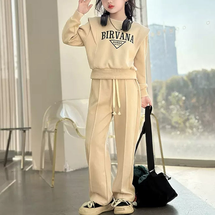 Casual Sporty Autumn 2-Piece Girls' Pants Suit, Ages 4-14 | Color: Apricot | Image 1
