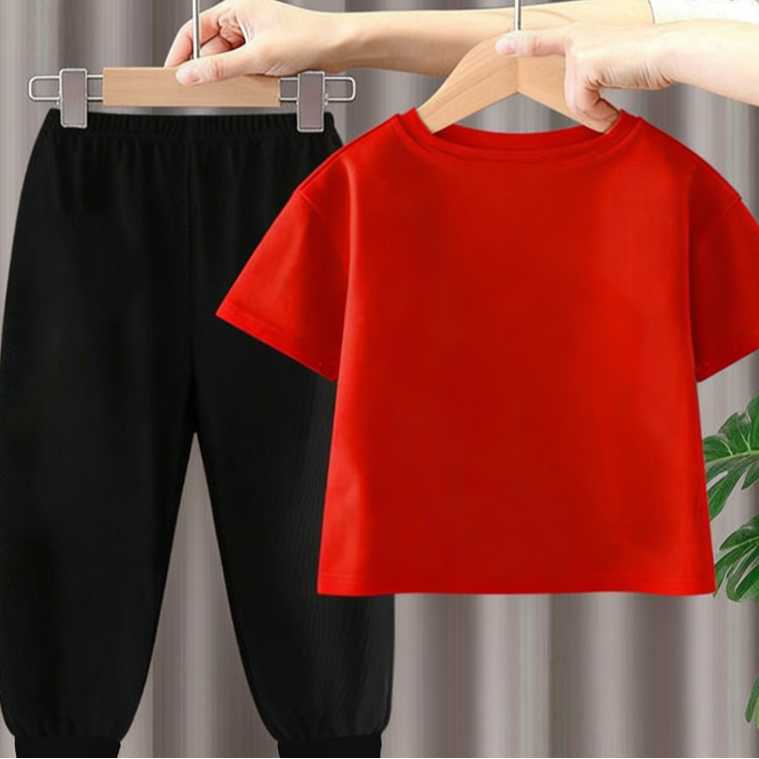 Modern Chic All-Season Minimalist Summer 2-Piece Unisex Kids' Pants Suit, Ages 2-7 | Color: Red | Image 3