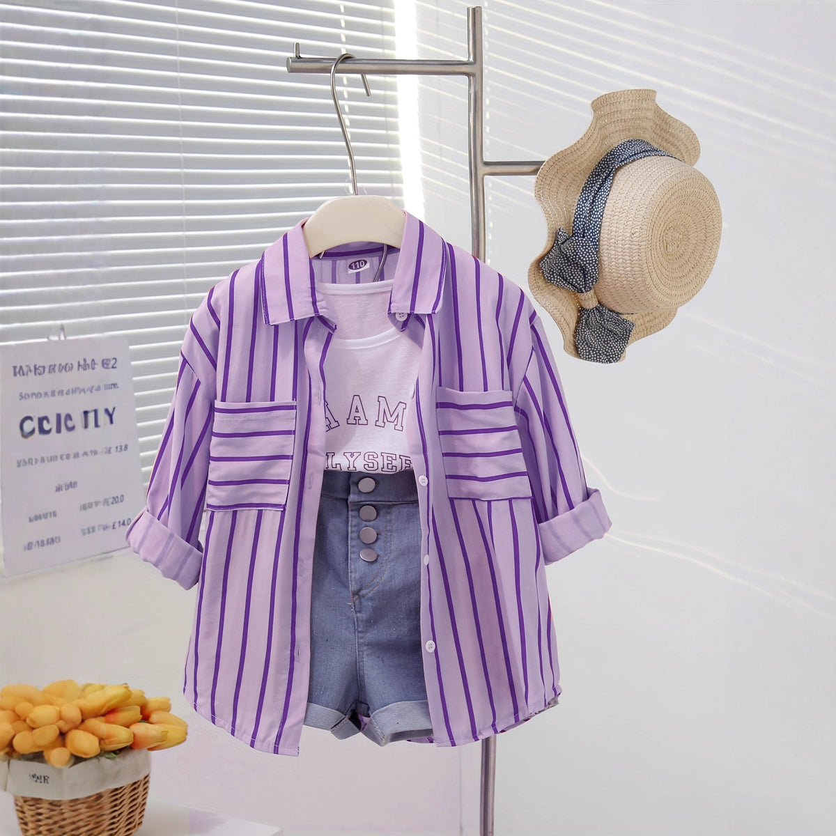 Casual Sporty Summer 3-Piece Girls' Pants Suit, Ages 2-9 | Color: Purple | Image 1