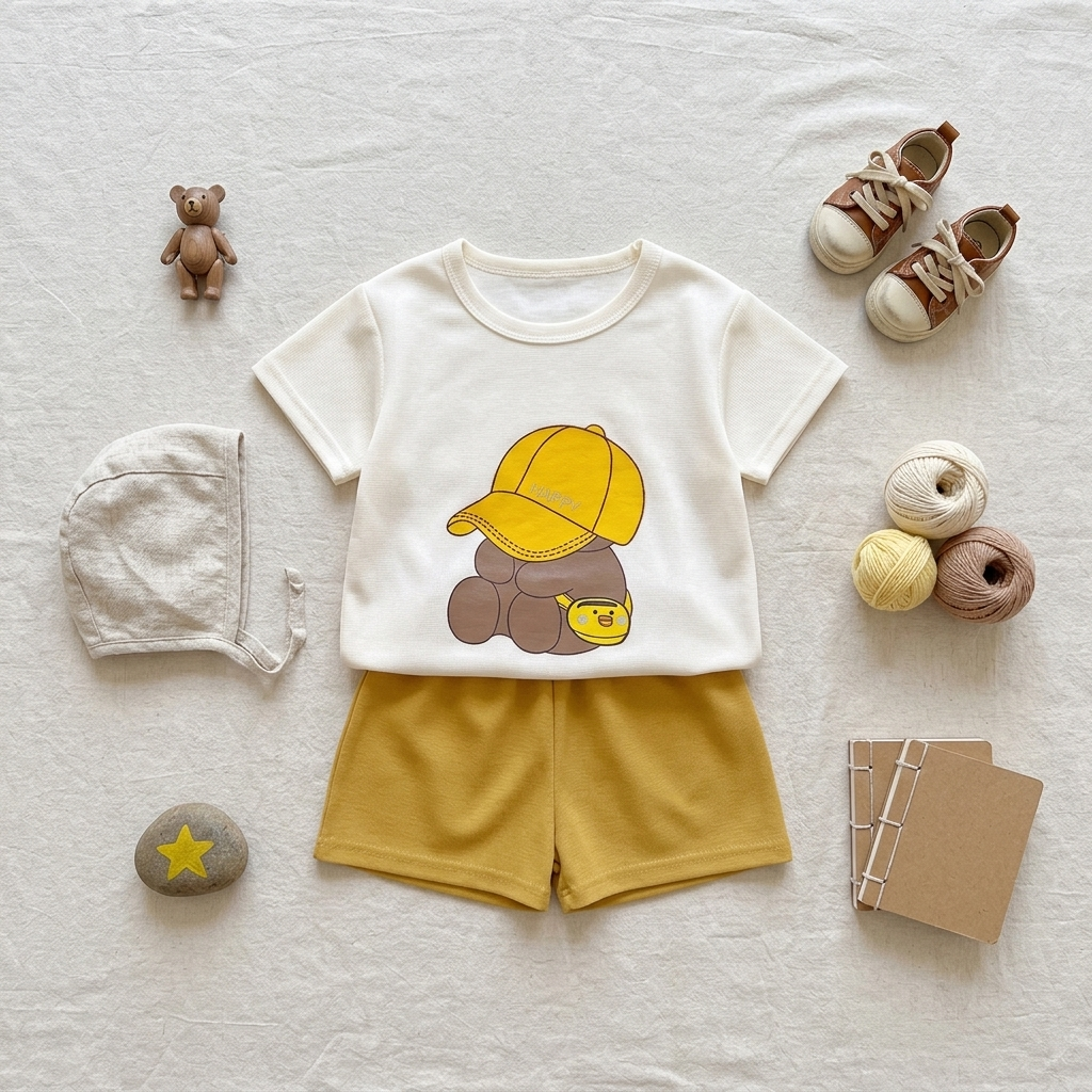 Minimalist Summer 2-Piece Unisex Kids' Pants Suit, Ages 2-5 | Color: Yellow | Image 3