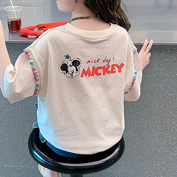 Modern Chic All-Season Casual Sporty Summer Girls' T-Shirt, Ages 4-14 | Color: Beige | Image 3