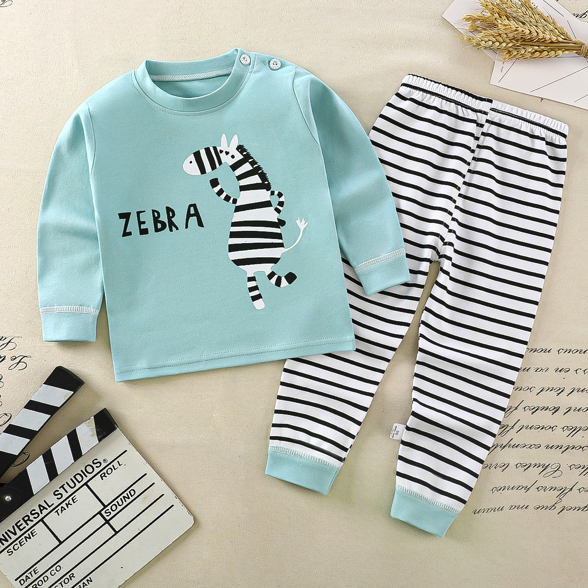 Minimalist Autumn 2-Piece Unisex Baby Pajama Set, Ages 6-24 Months | Color: Lake Blue | Image 1
