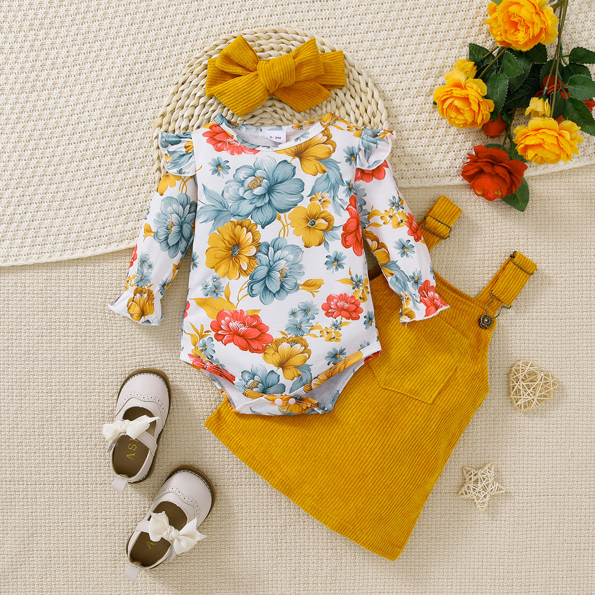 Sweet & Cute Autumn 2-Piece Baby Girls' Dress Suit, Ages 0-6 Months | Color: Yellow | Image 1