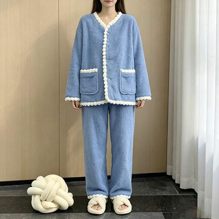 Minimalist Winter Women 's Long Sleeve Sleep Set | Color: Deep Blue | Image 2