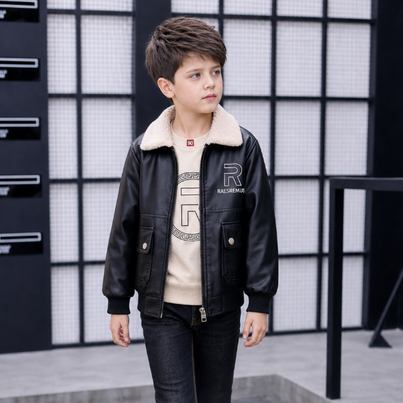 Modern Chic All-Season Trendy Winter Boys' Leather Jacket, Ages 3-14 | Color: Black | Image 3
