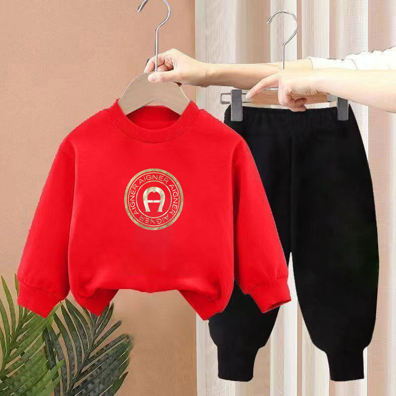 Minimalist Autumn 2-Piece Unisex Kids' Pants Suit, Ages 2-9 | Color: Red | Image 1