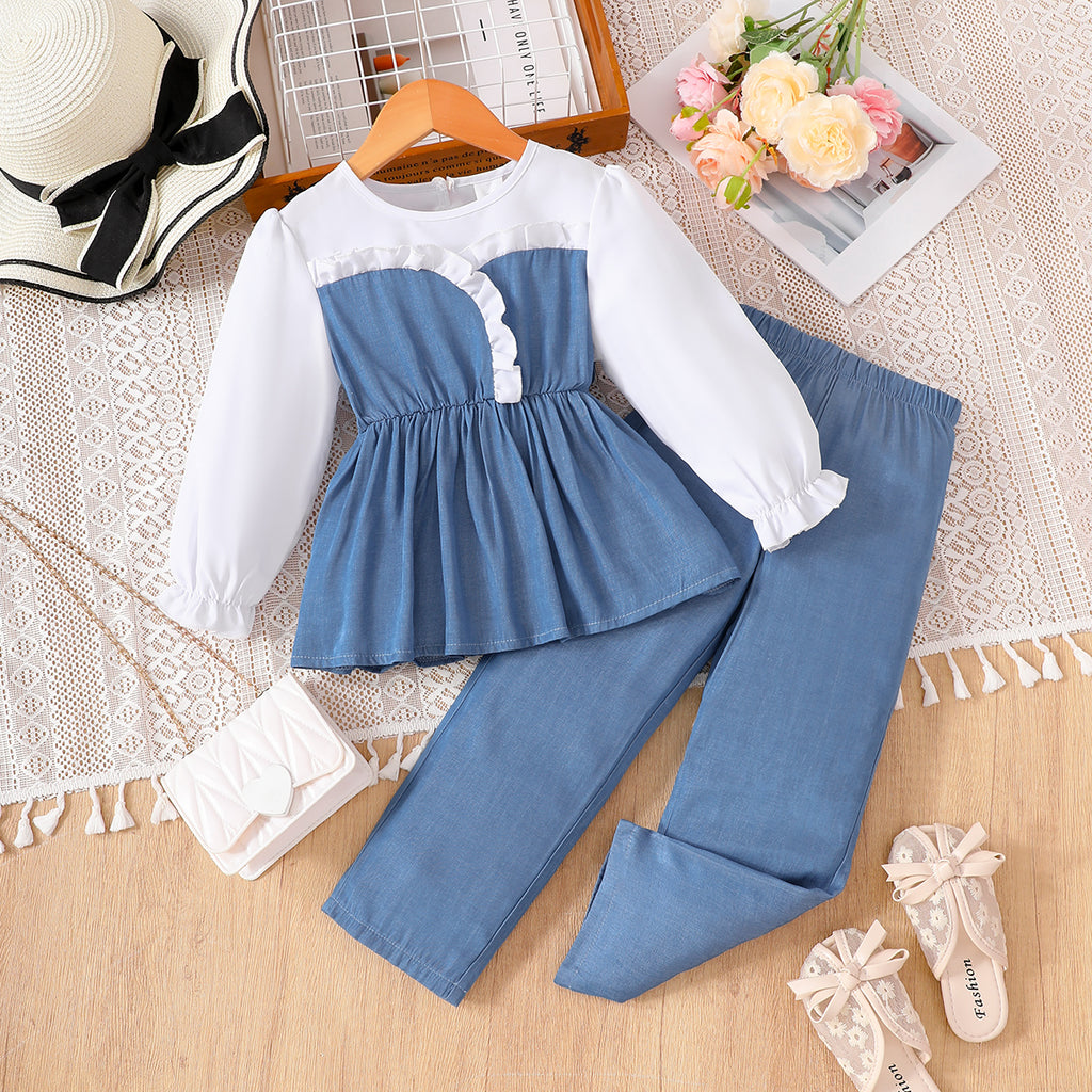 Elegant Autumn 2-Piece Girls' Pants Suit, Ages 2-7 | Color: White&Deep Blue | Image 1