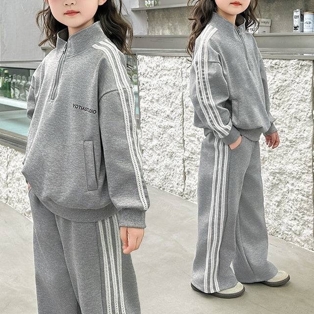 Modern Chic All-Season Casual Sporty Spring Girls' Pants Suit, Ages 4-14 | Color: Grey | Image 1