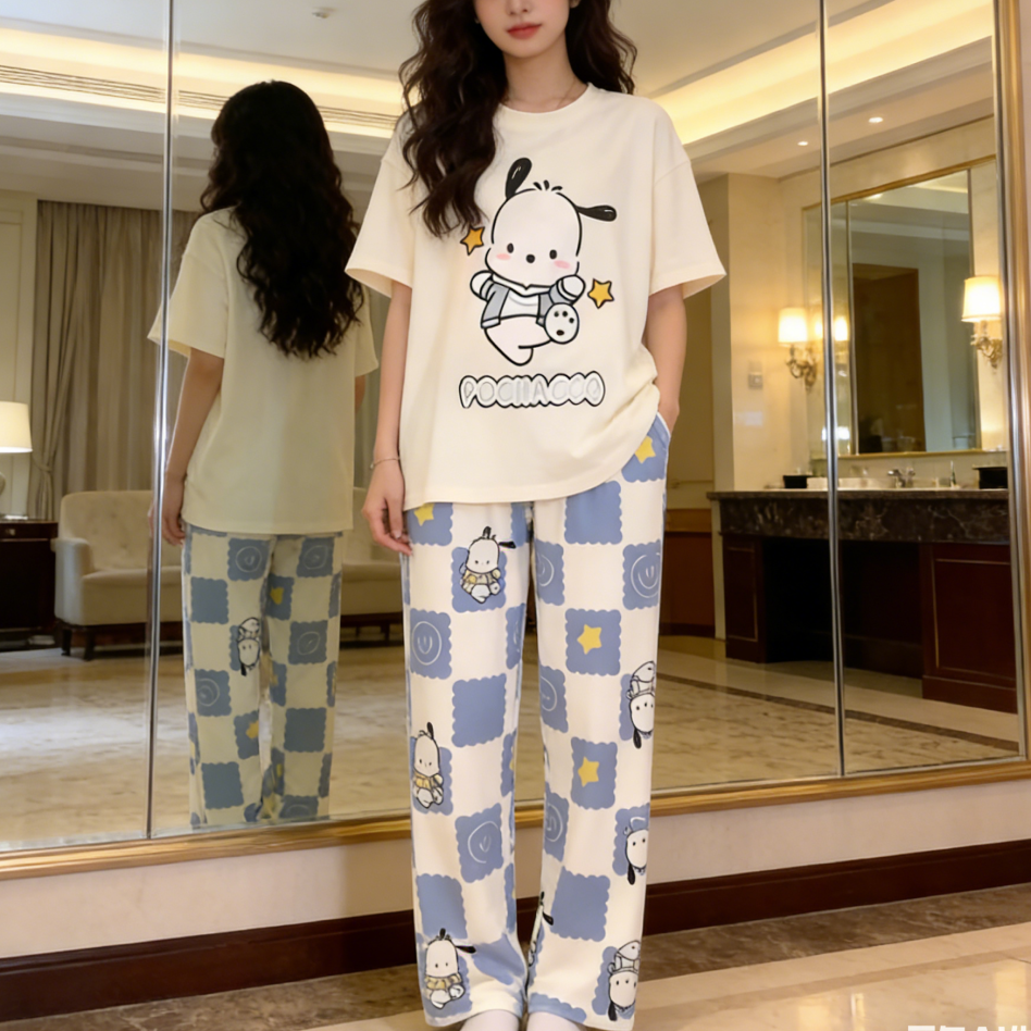 Sweet Feminine Summer 2 Pcs Women 's Short  Sleeve Sleep Set | Color: Style 1 | Image 1